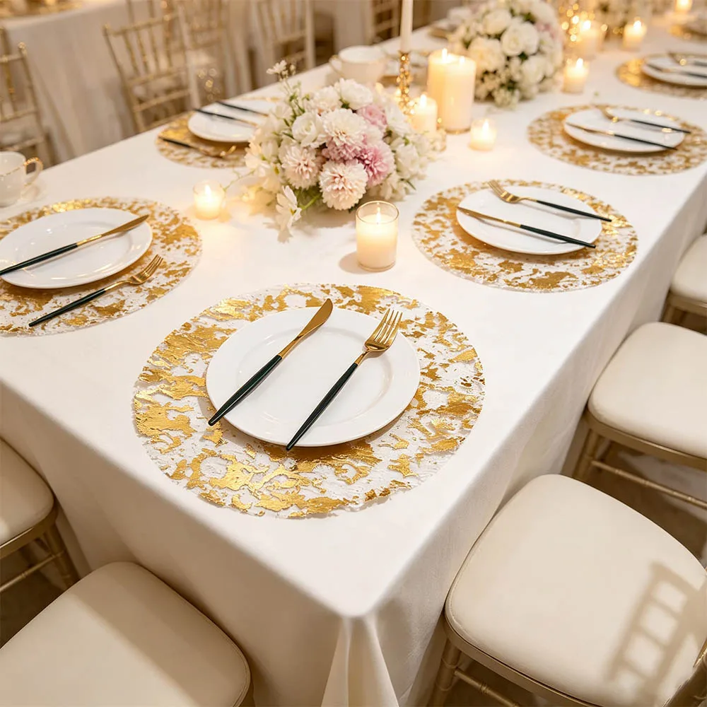 10pcs Metallic Glitter Foil Mesh Gold Placemats Disposable Round Gold Thin Mesh Place Mats 13 Inch Glitter Table Mats