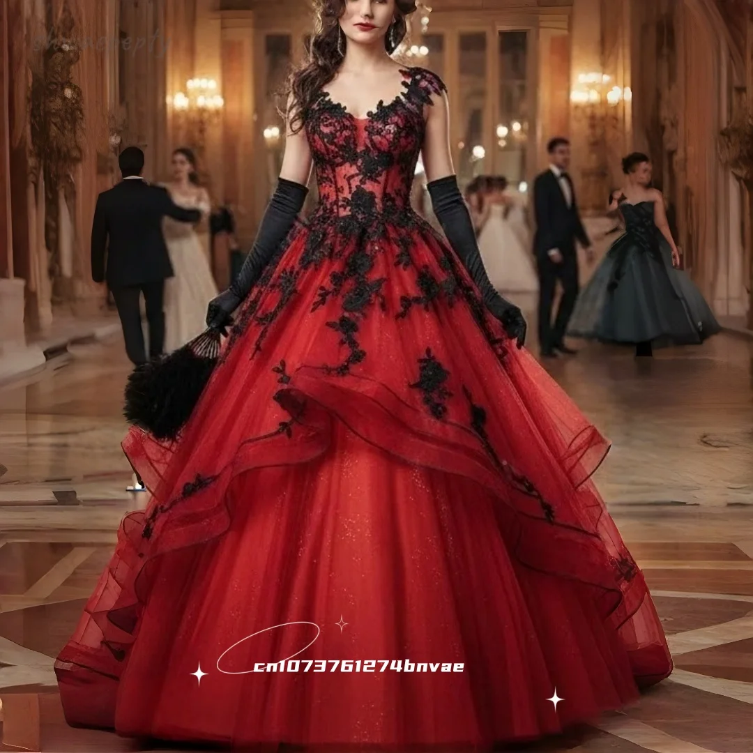 Vampir-Gothic-Abschlussballkleid, rote und schwarze Spitzenapplikationen, offener Rücken, Tüll-Ballkleid, Abendkleider, Vintage-Hochzeitskleid, maßgeschneidert