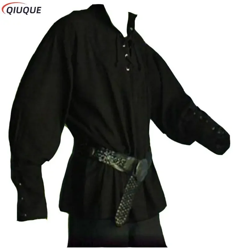 Men Medieval Vintage Pirate Cosplay Costume Laping Up Shirt Bandage Top Middle Age Renaissance Clothing For Adult S-3XL