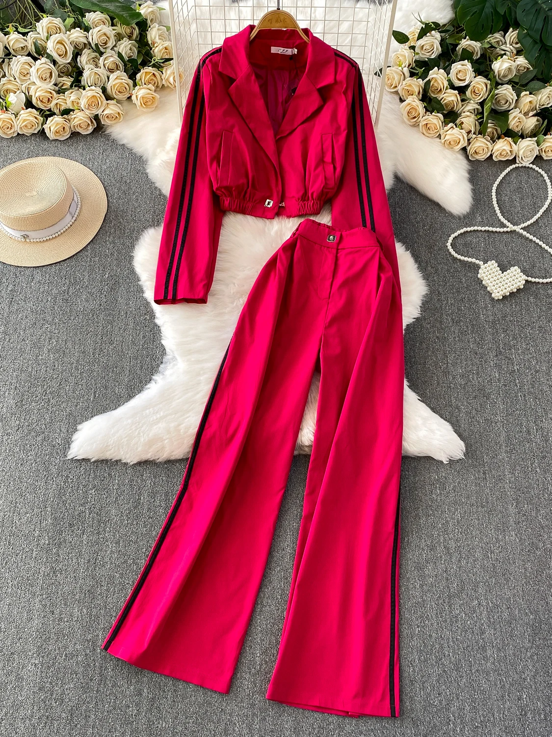 

Модный женский осенний комплект, утягивающие брюки с высокой талией, полосатое пальто с воротником костюма, подчеркивающий наряд с высокой талией