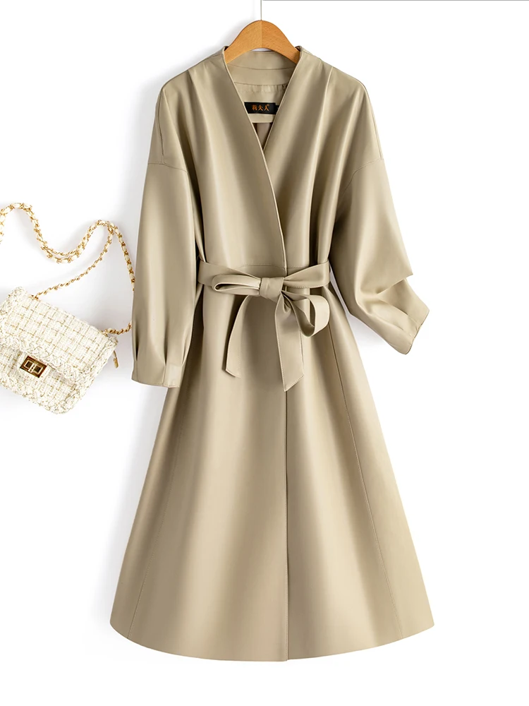   Cappotto in Vera Pelle Ning per Donna, Lunghezza Media, Versione Coreana Primavera-Autunno 2025, Slim Fit, Cappotto Nero in Pelle Bovina