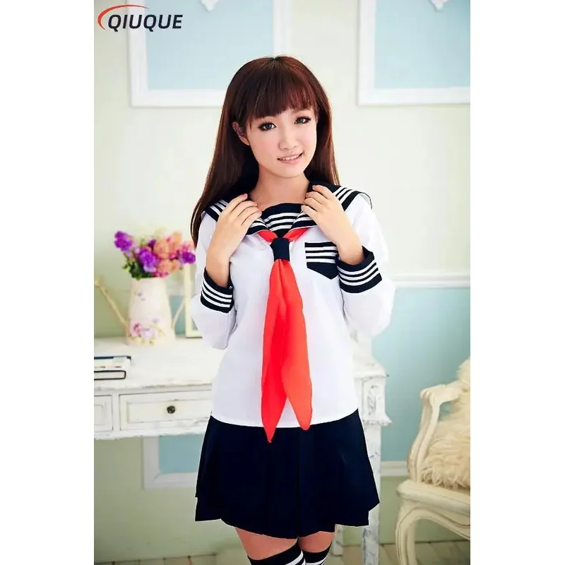 Qq45JK uniformes estudiantes de escuela japonesa vestido de moda trajes de marinero negro azul marino conjunto para niñas disfraz Cosplay Top falda cuello