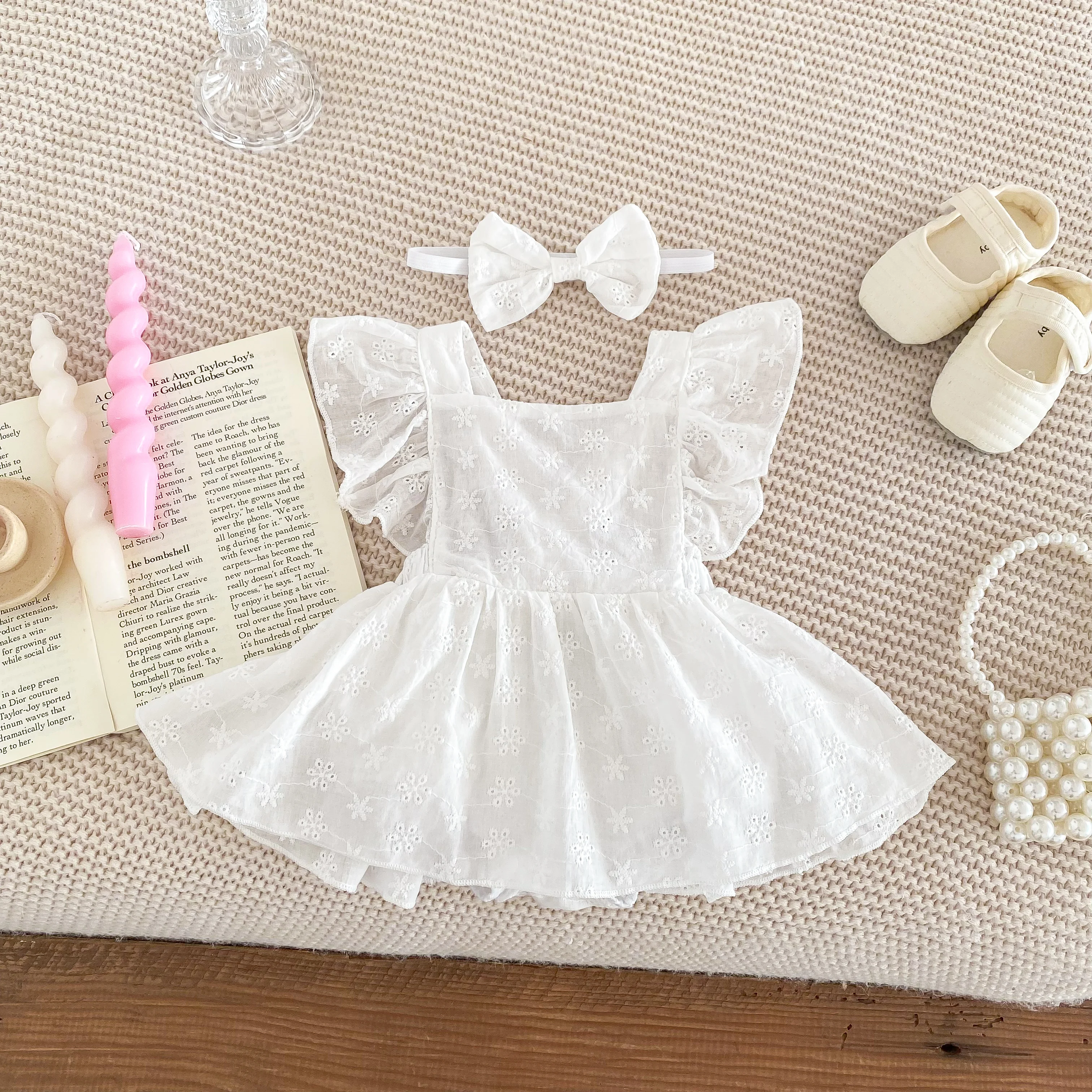 Newborn Baby Girl Princess Jumpsuit Cute Lace sleeves Dress Jumpsuit Set + Bow Hairpin Baby Girl Lovely 2PCS