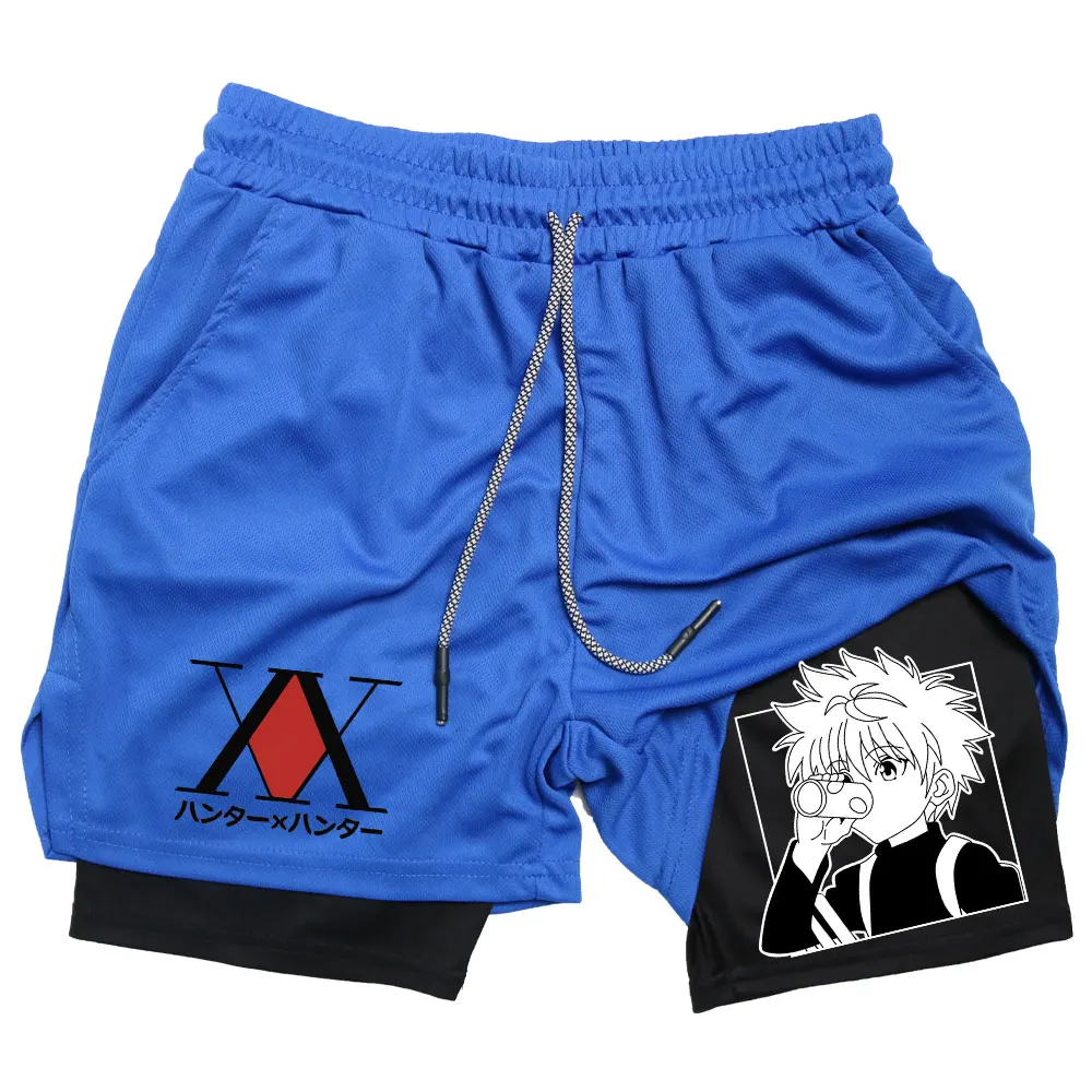 Pantalones cortos de compresión de Anime, transpirables, con bolsillos, para correr, gimnasio, entrenamiento, Hunter X Hunter, ropa deportiva de