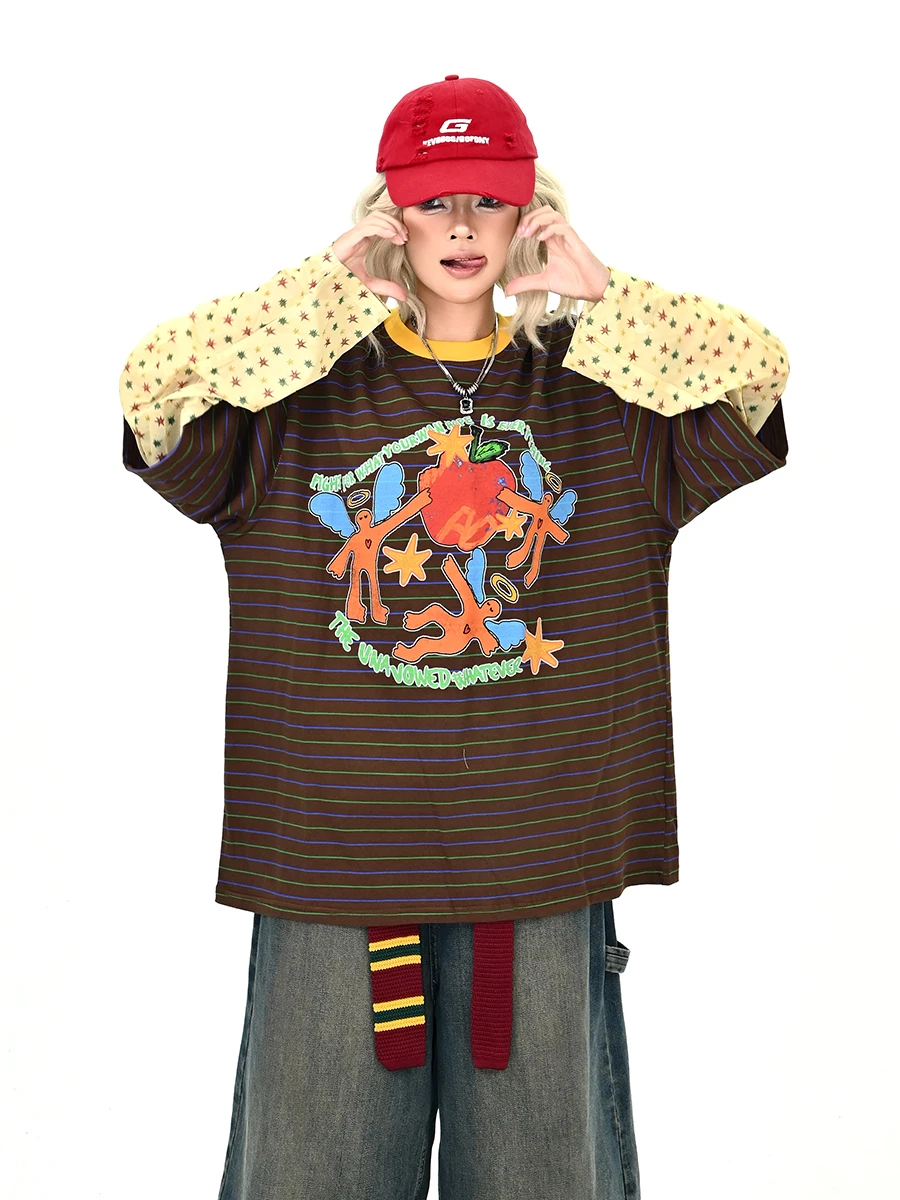 

Lazy Street Style Long Sleeve T-Shirt Women's Loose Fit Cartoon Print Casual Top for Spring Autumn Comfortable Breathable