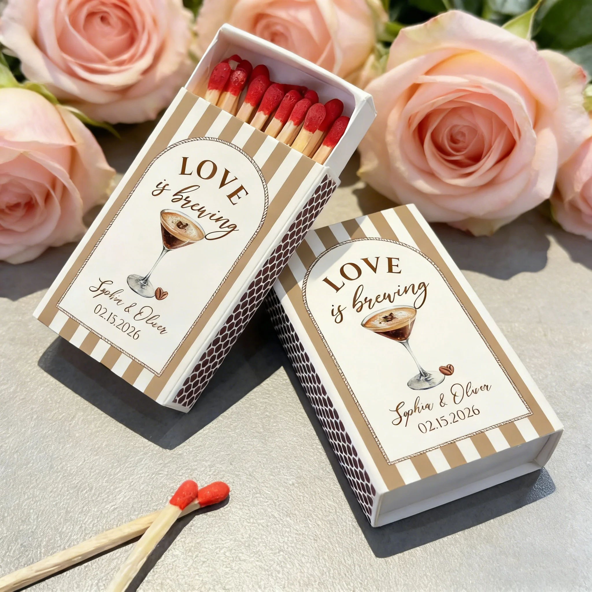 

Персонализированные деревенские полосатые свадебные коробочки для спичек, тематические сувениры для вечеринки «Любовь кипит» и подарки на помолвку