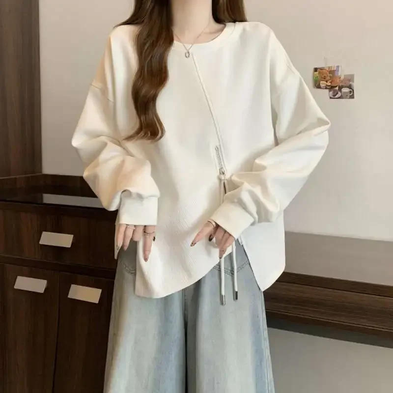 

Round Neck Irregular Splicing Zipper Long-sleeved Sweatshirt for Women in Spring and Autumn Loose Slimming Chic Top E7926