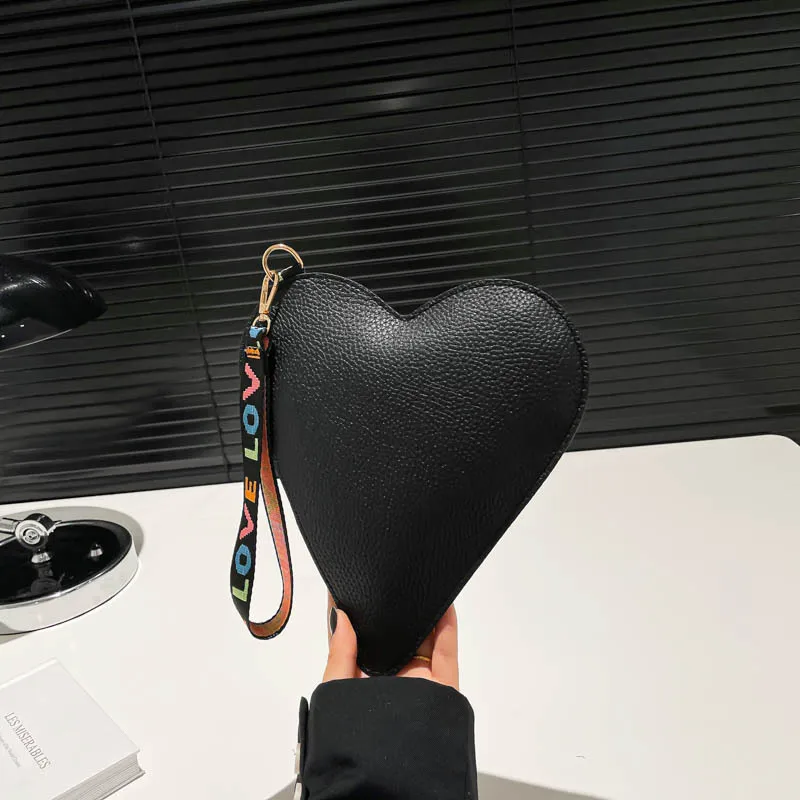 Cute Heart Shape Coin Purse Korean Fashion Pure Color PU Small Handbags Sweet Love Decorative Could Store Cellphone Bags view 4