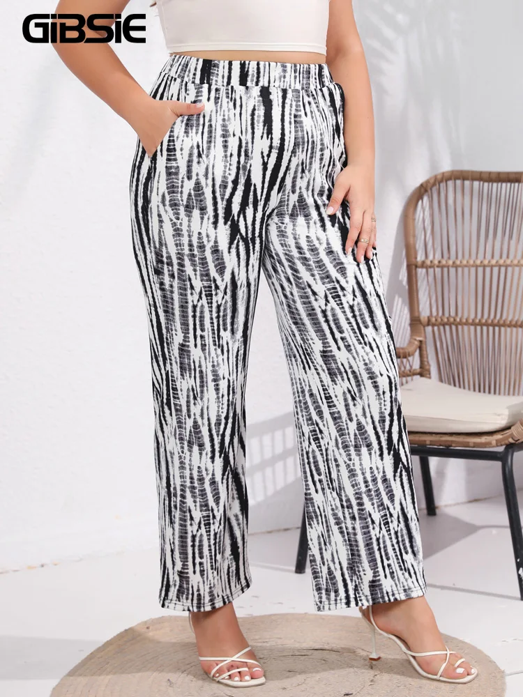 GIBSIE Plus Size Zebra Stripe Straight Leg Trousers For Women Fashion 2023 Summer Pocket Elastic Waist Female Casual Pants