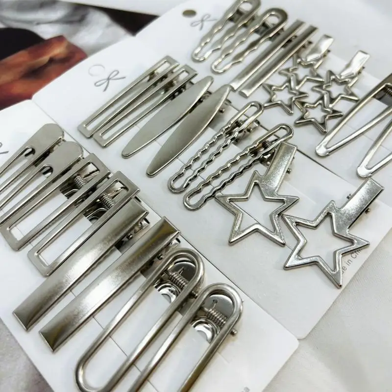 24Pcs Set Y2K Silver Metal Hair Clips Star Hair Accessories For Women Girls Multiple Styles Seamless Duckbill Hairpins