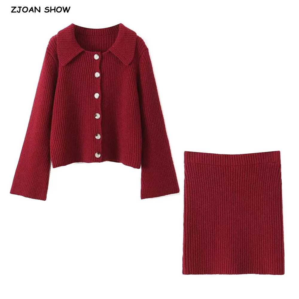 2 pieces 1 set Women Lapel Open Buttons Knitted Christmas Red Cardigan Loose Sweater Elastic Waist Package Hips Mini Skirt Suits