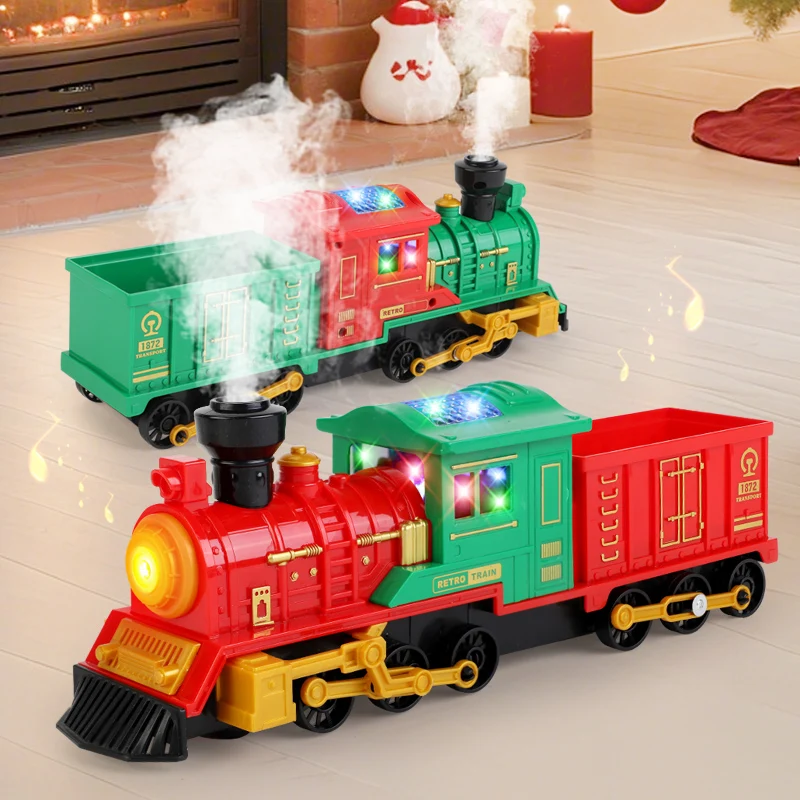Modelo de trem de vapor de natal, som e luz, carro elétrico retrô, caminhão de construção, brinquedos para crianças, presente de natal