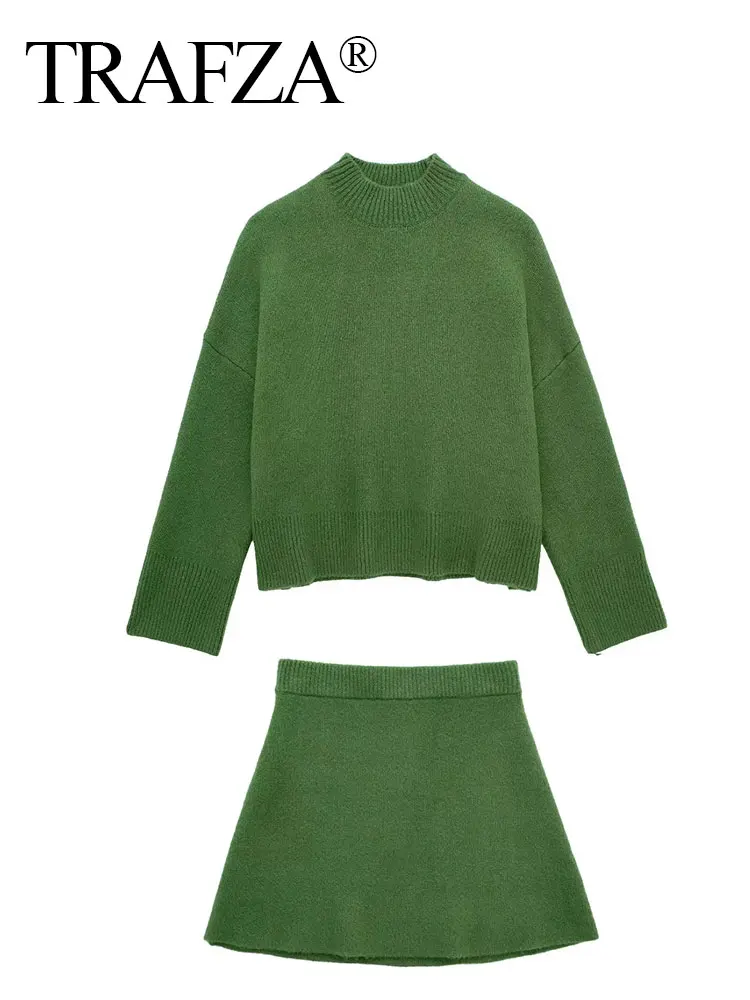 TRAFZA vrouwen Lente Groene Rokken Pak Lange Mouw O Hals Trui Pullover Top Vrouwen Elegante Effen Slanke A-lijn Mini rok Set