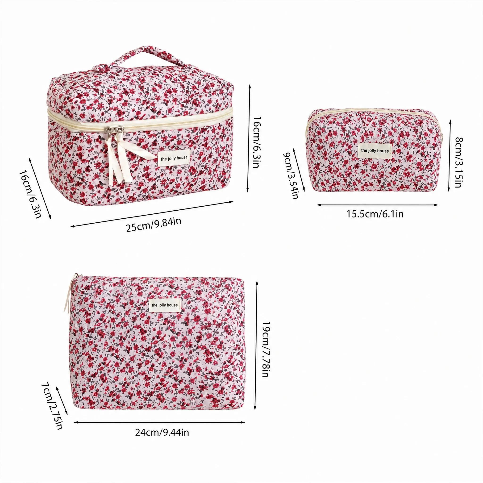 Dark Red Six Color Floral Quilted Three Piece Cosmetic Bag Multiple Size Combination Soft Fabric Handle Portable Travel Cosmetic
