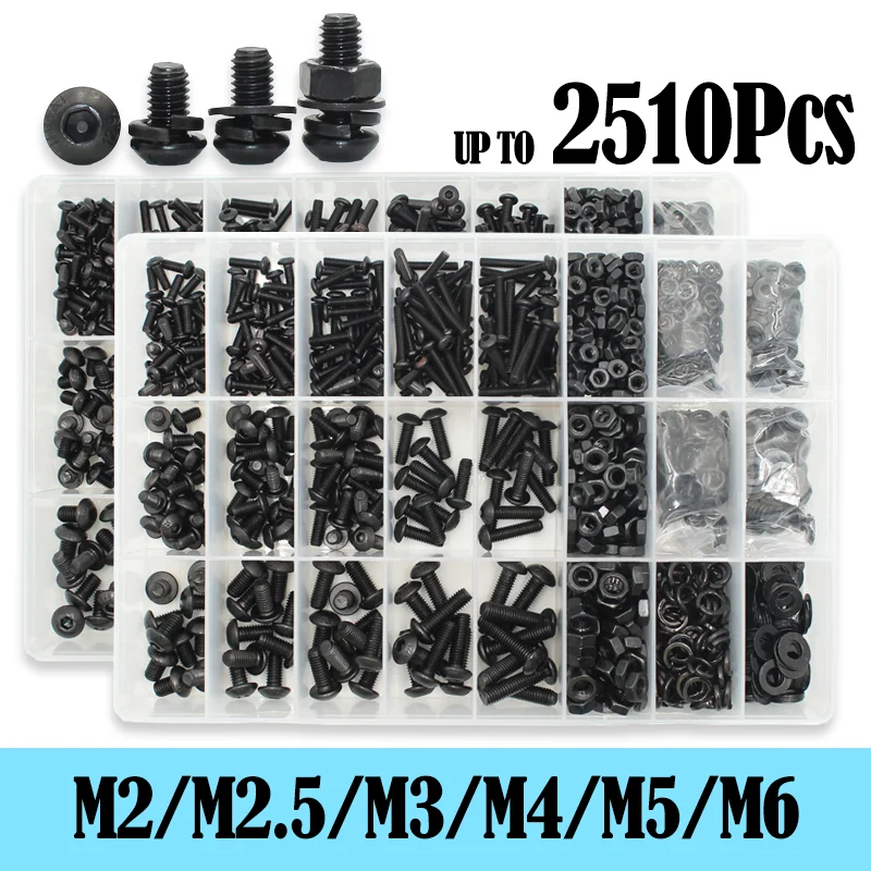 Total 2510p M2 M2.5 M3 M4 M5 M6 Round Hex Cap Screw kit 1840 10.9 Grade Black Socket Button Head Allen Drive Screws Bolt ISO7380