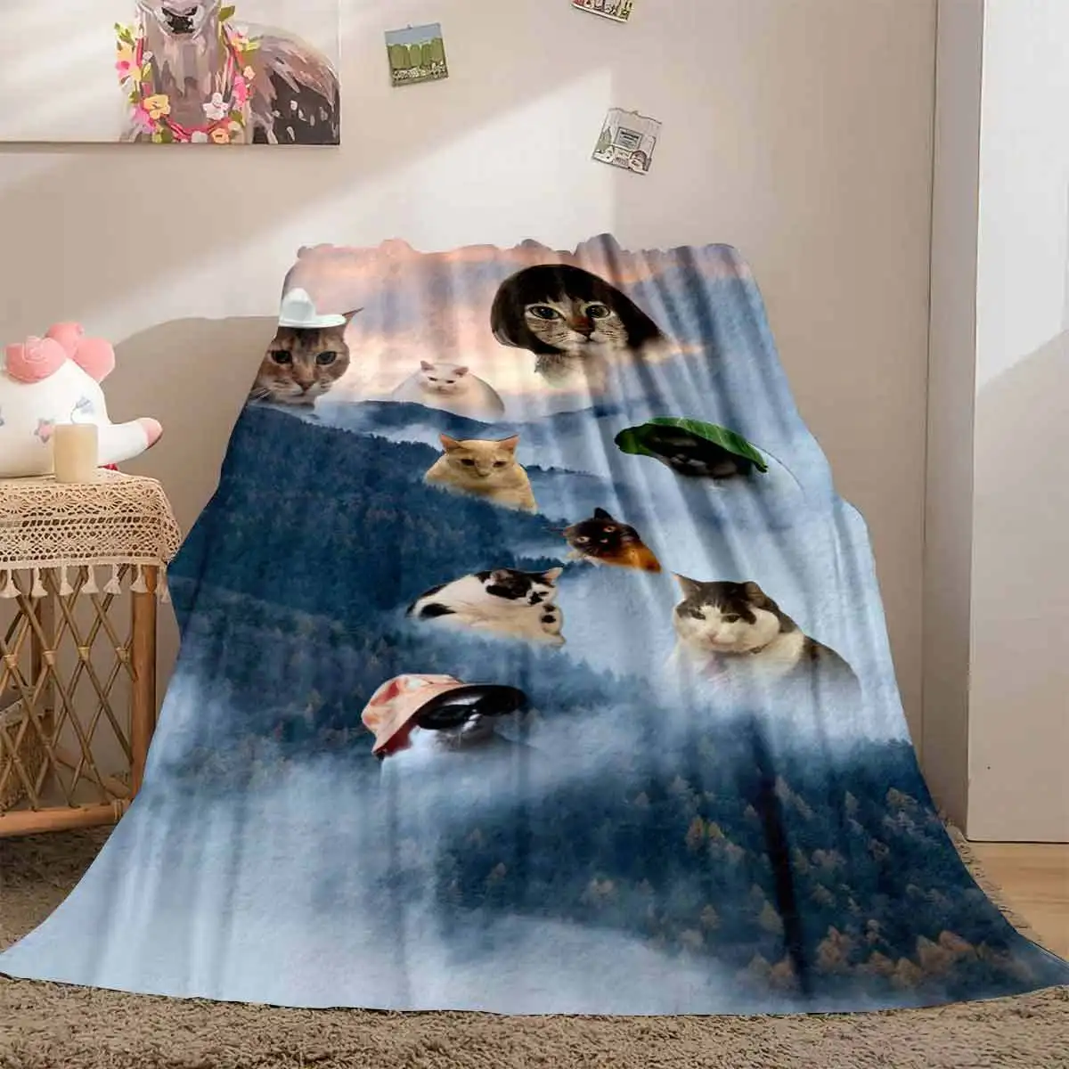 Mountain Mist Funny Cat Collage Flannel Throw Blanket, Surreal Meme Cats In Cloud Soft Warm Blanket for Sofa Bed Home Decor Gift