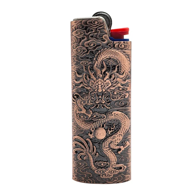 Cehyhd Metal Lighter Case Cover Holder Vintage Dragon Engraving for BIC Full Size Lighter J6 (Silver)