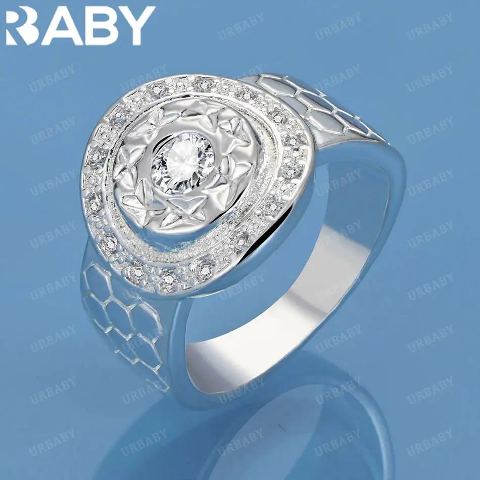 

URBABY 925 Sterling Silver Size 7-10 Zircons Round Ring For Women Men Grace Jewelry Trend Fashionable Birthday Party Gifts