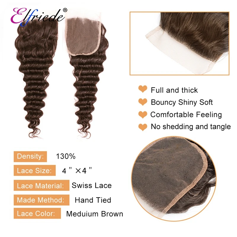 Elfriade-mechones de cabello humano brasileño con cierre de encaje, cabello de color marrón Chocolate, onda profunda, 3 mechones, 4x4, #4