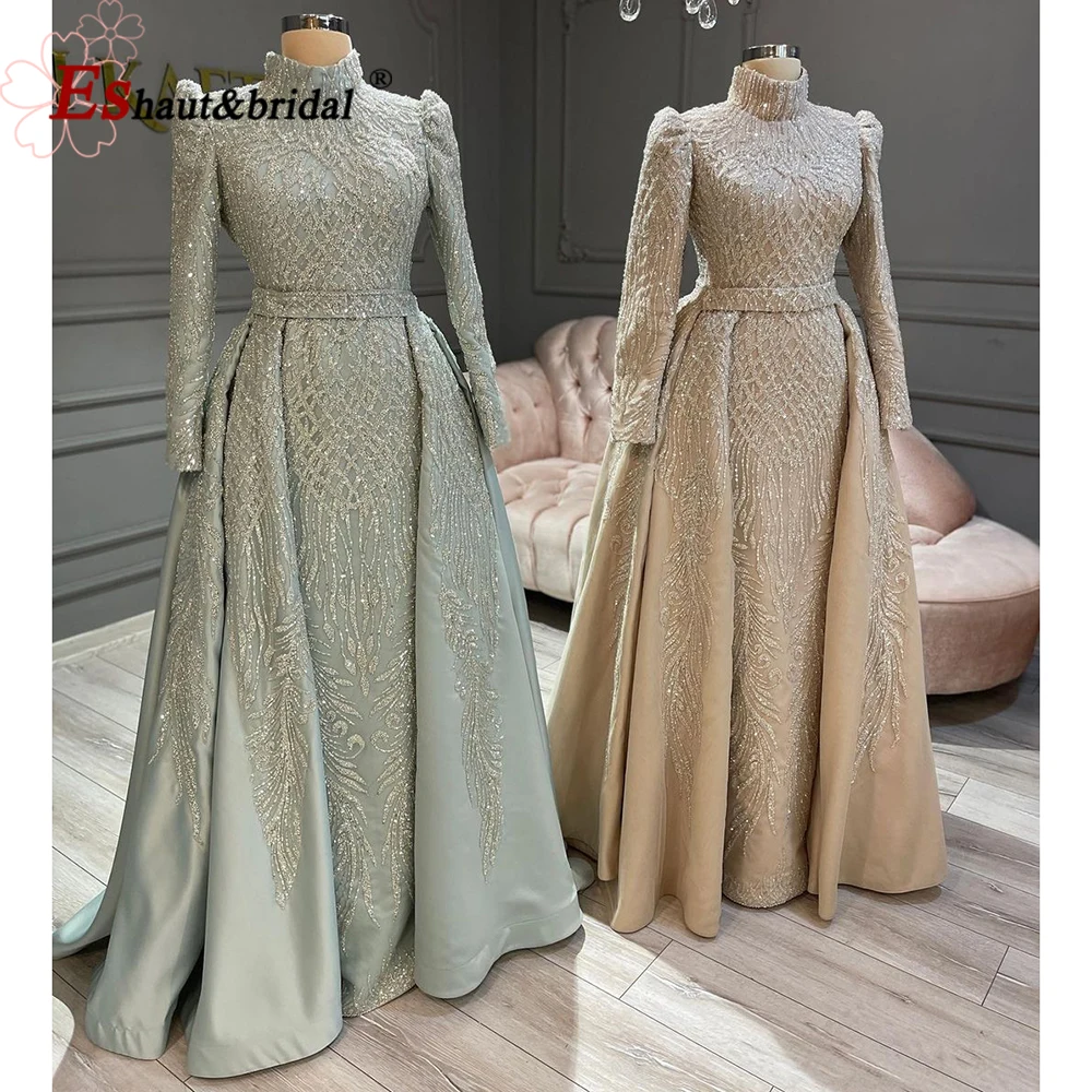 

Elegant Muslim Mermaid Wedding Evening Dress for Women 2024 Long Sleeves with Detachable Train Beads Prom Party Gown Customized