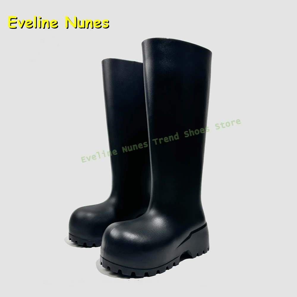 

Черные модные резиновые сапоги на толстой подошве с круглым носком, однотонные лоскутные женские сапоги до колена в уличном стиле, осень-зима 2024, новейшие туфли