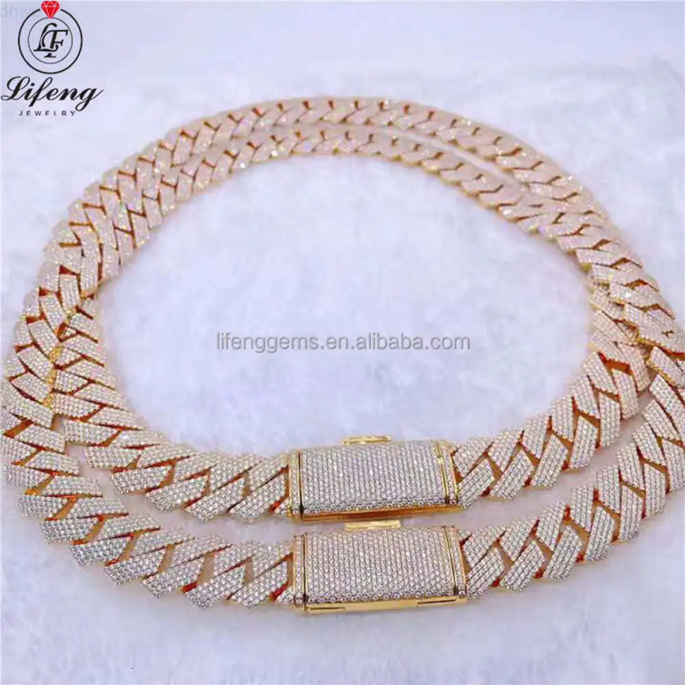 

Lifeng Hot Selling 18mm Width Two Rows 925 Silver Gold Plated Vvs Moissanite Hip Hop Jewelry Fulliced Out Diamond Cuban Chain