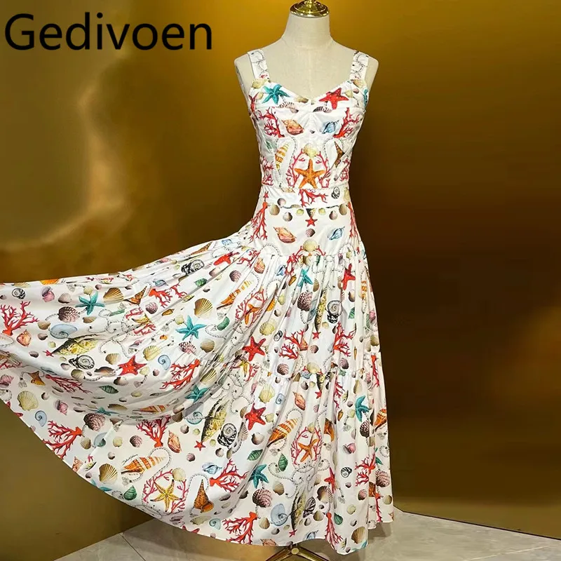 Gedivoen Summer Fashion Runway Designer Skirt Sets Women's Bohemian Print Backless Camisole+Ruched Ruffles Skirt Two Pieces Set