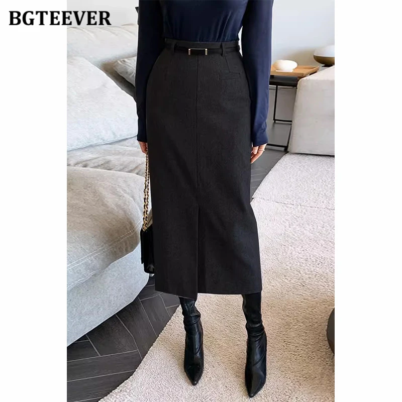 BGTEEVER Vintage High Waist Female Split Skirts Elegant Skinny Mid-Length Woolen Skirts for Women Autumn