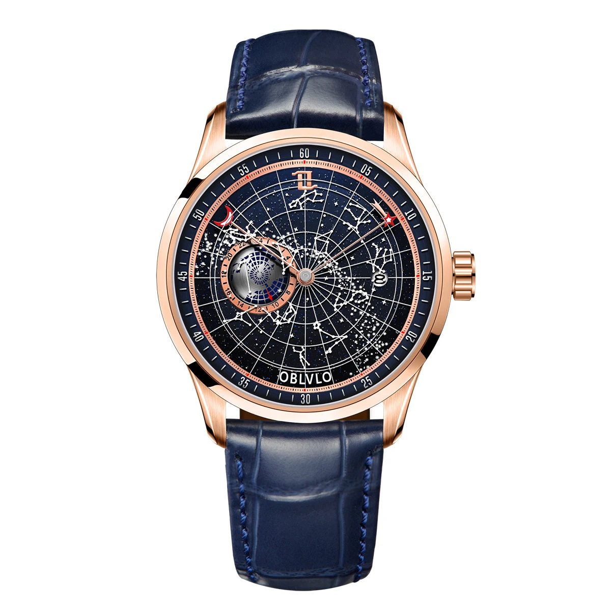 OBLVLO Top Brand Automatic Mechanical Watch for Men Blue Dial Luminous Earth Star Watch Waterproof Leather Strap GC