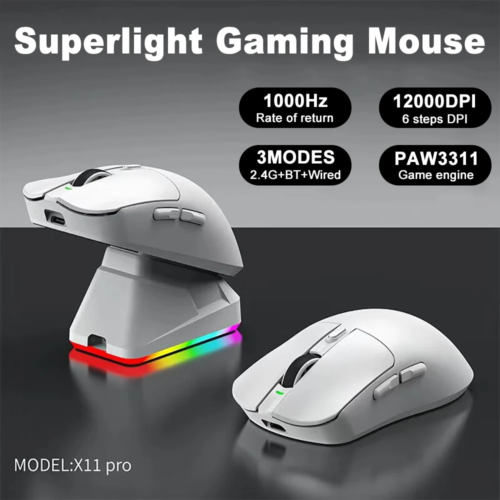 

X11 сверхлегкая игровая мышь PAW3311 трехрежимная 2,4G/BT/проводная мышь с RGB-подсветкой 12000 точек на дюйм аксессуары для ПК с магнитной зарядной док-станцией