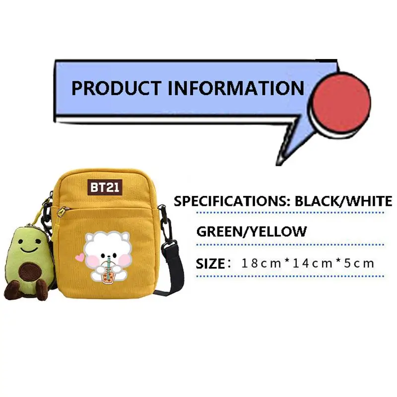 Kawaii Cartoon Bt21 Crossbody Bag Cute Drink Milk Tea Cooky Printed Small Square Bag Portable Sanitary Napkin Storage Bag Gift