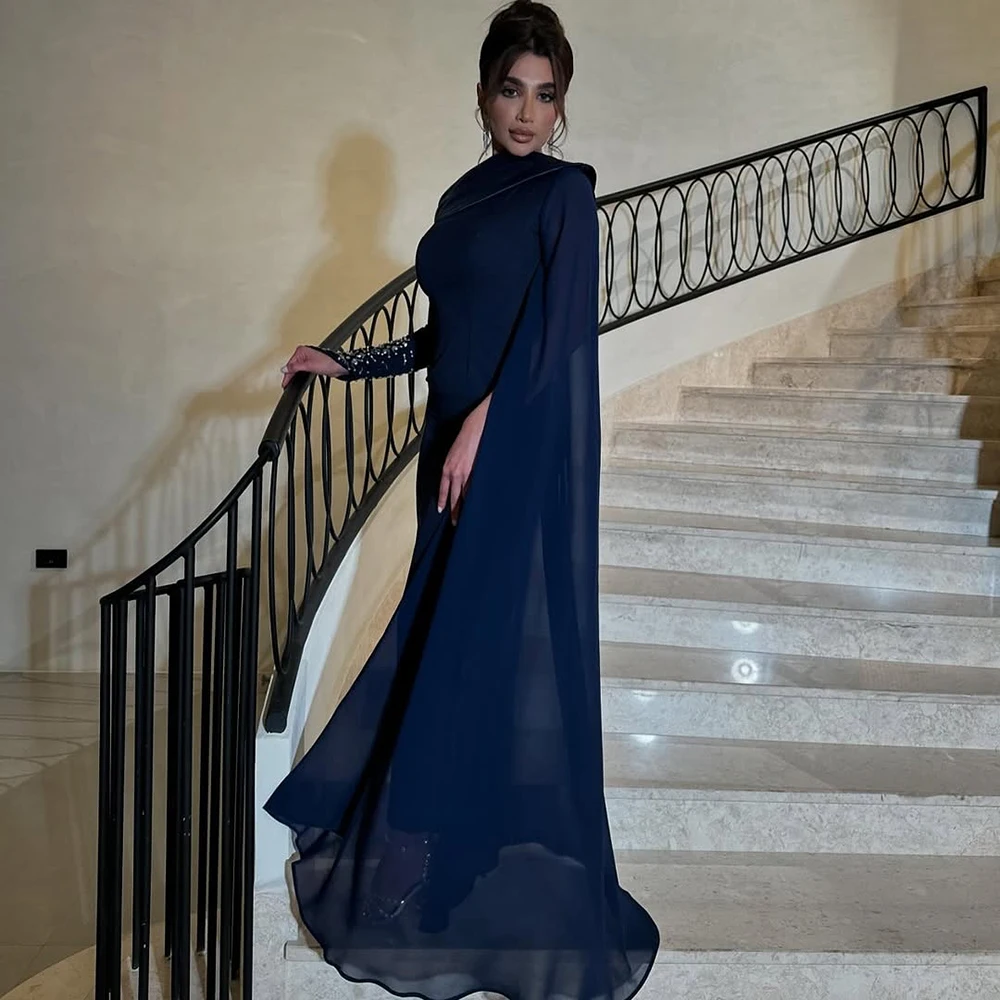 

Customized Simple O-neck Jersey Evening Dress With Chiffon Train Full Sleeves Party Dress Crystal Ankle Length Prom Gown