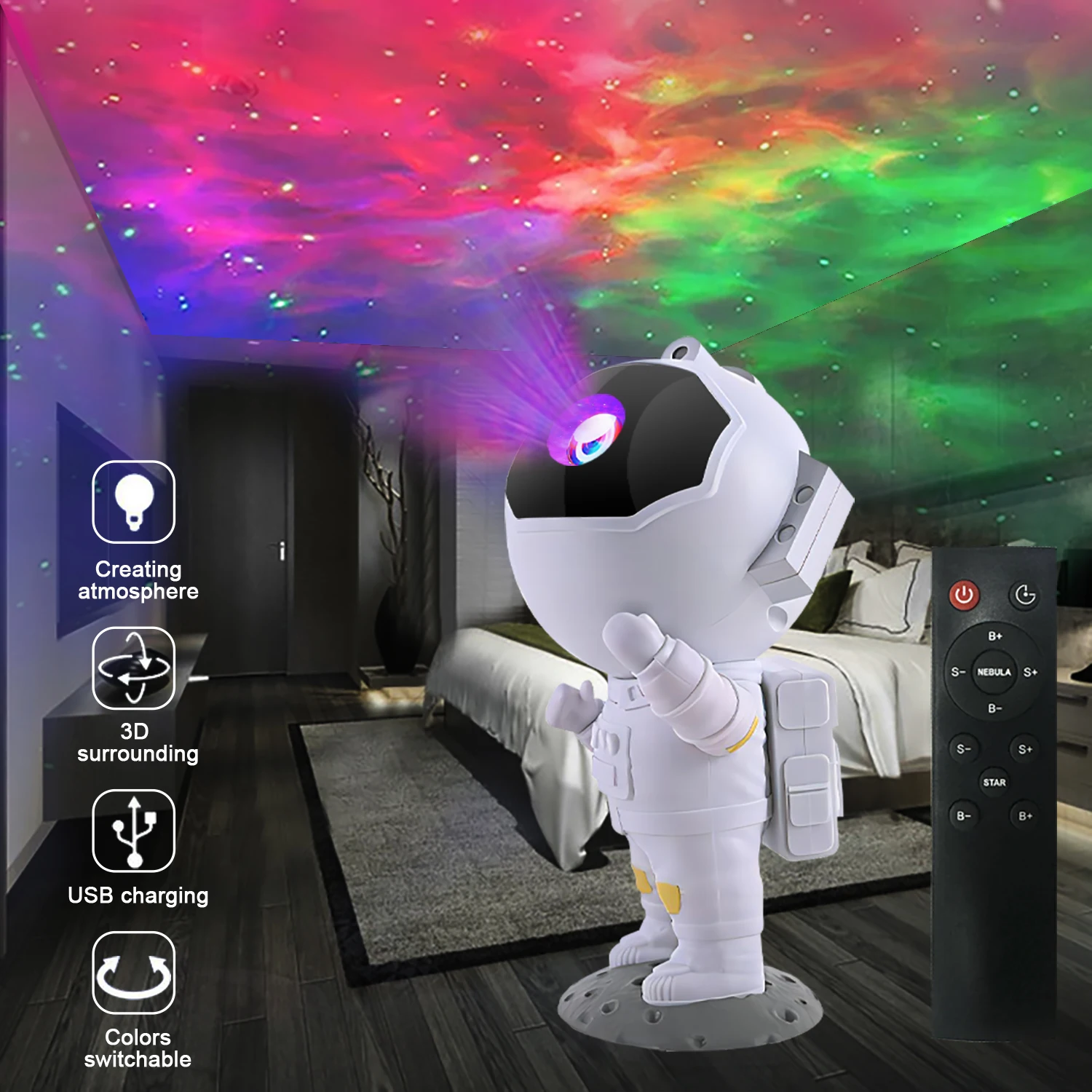 Astronaut Star Projector Galaxy Night Light Nebula Ceiling LED Nursery Projection Nightlights for Bedroom Decor