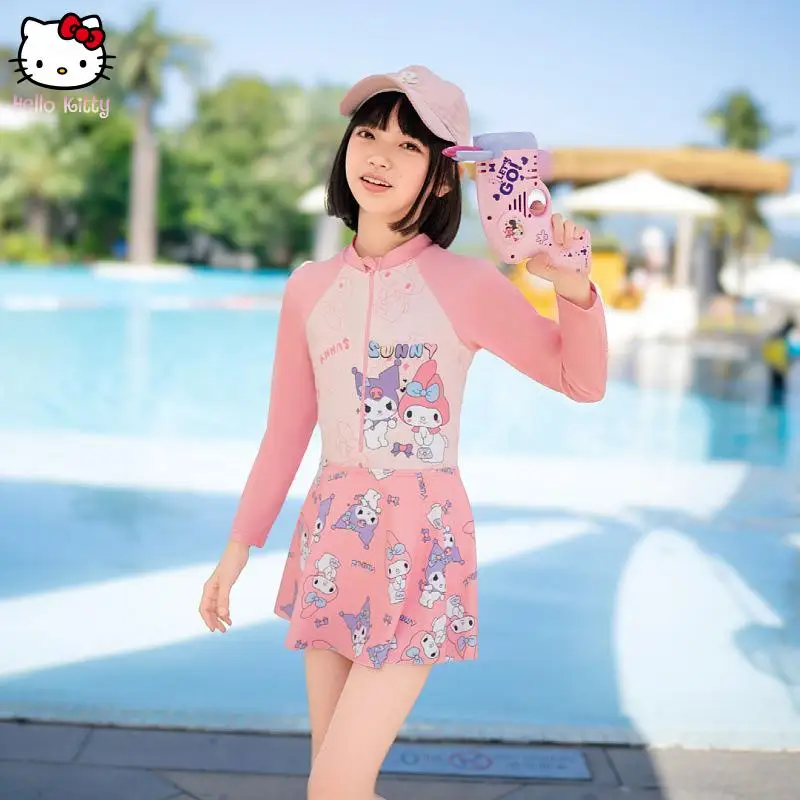 ملابس سباحة أنيقة للفتيات من Cinnamoroll بتنورة سانريو كورومي الجديدة بأكمام طويلة ورسوم كرتونية أنيمي سريعة الجفاف وقابلة للتنفس ملابس سباحة للشاطئ
