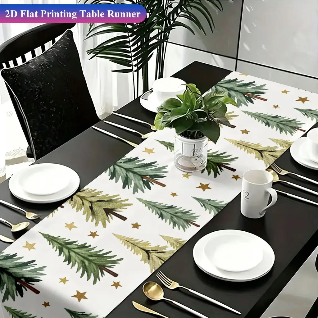 2D Flat Printing Table Runner 1pc Pine Trees and Golden Stars Polyester Rectangular Table Runner Christmas Party Decoration