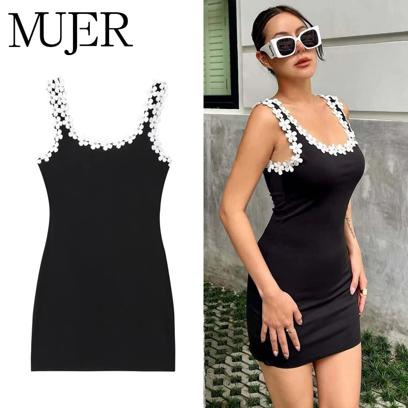 MUJER Kurze Kleider mit schwarzem Blumenmuster für Damen, Sommer, figurbetontes Minikleid, Damenurlaub, rückenfrei, Damenkleid, Träger, Abendkleider