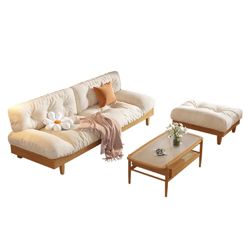 

Cream wind ash wood solid wood living room small apartment furniture sofa combination three-person cloud fabric sofa