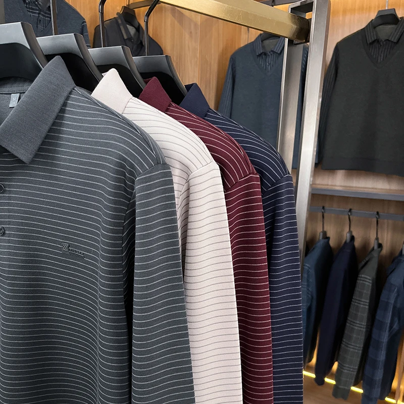 Men's New Autumn Style Striped Loose Long-Sleeve T-Shirt, Stand-Up Collar Solid Polo Shirt, High-End Business Casual Men's Wear.