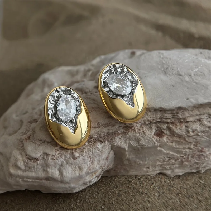 

Distressed Geometric Oval Earrings Two-Tone Zircon Fashion Office High-End Women's Ear Pins & Clip-on
