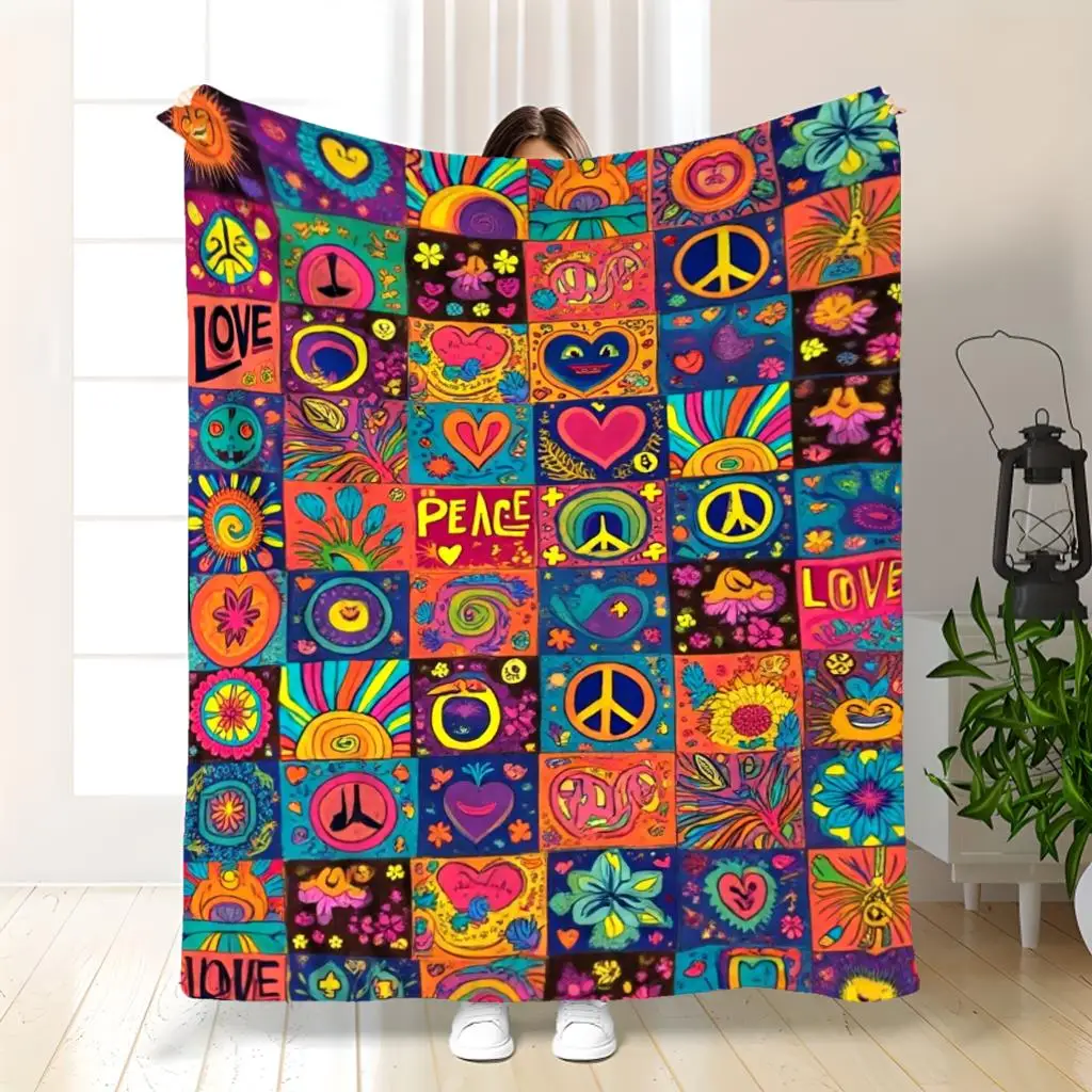 1pc Vintage 60s‑70s Psychedelic Hippie Throw Blanket, Peace Signs, Love & Floral Patterns, Bohemian All‑Season Blanket for Sofa