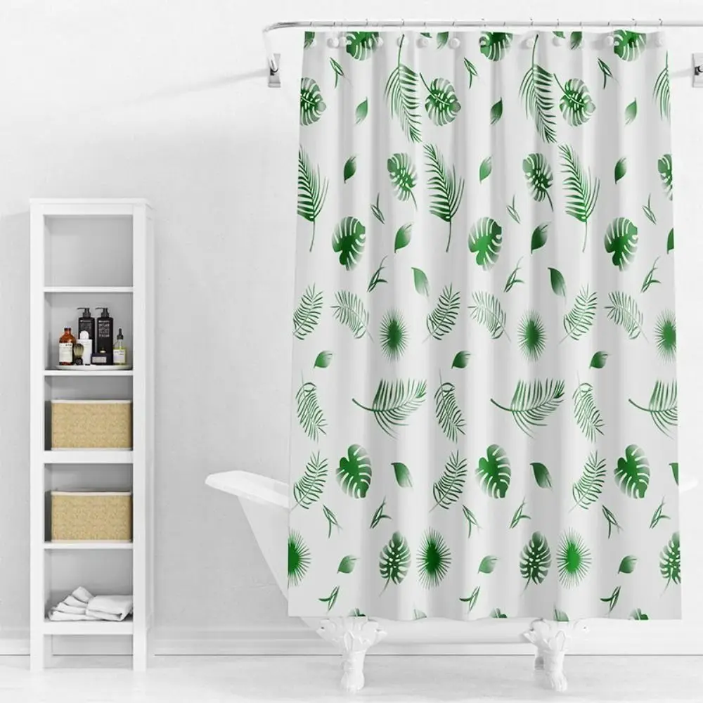 Watercolor Leaves on The Top Plant with Floral Bathroom Decoration Shower Curtain 150*180CM with Hooks