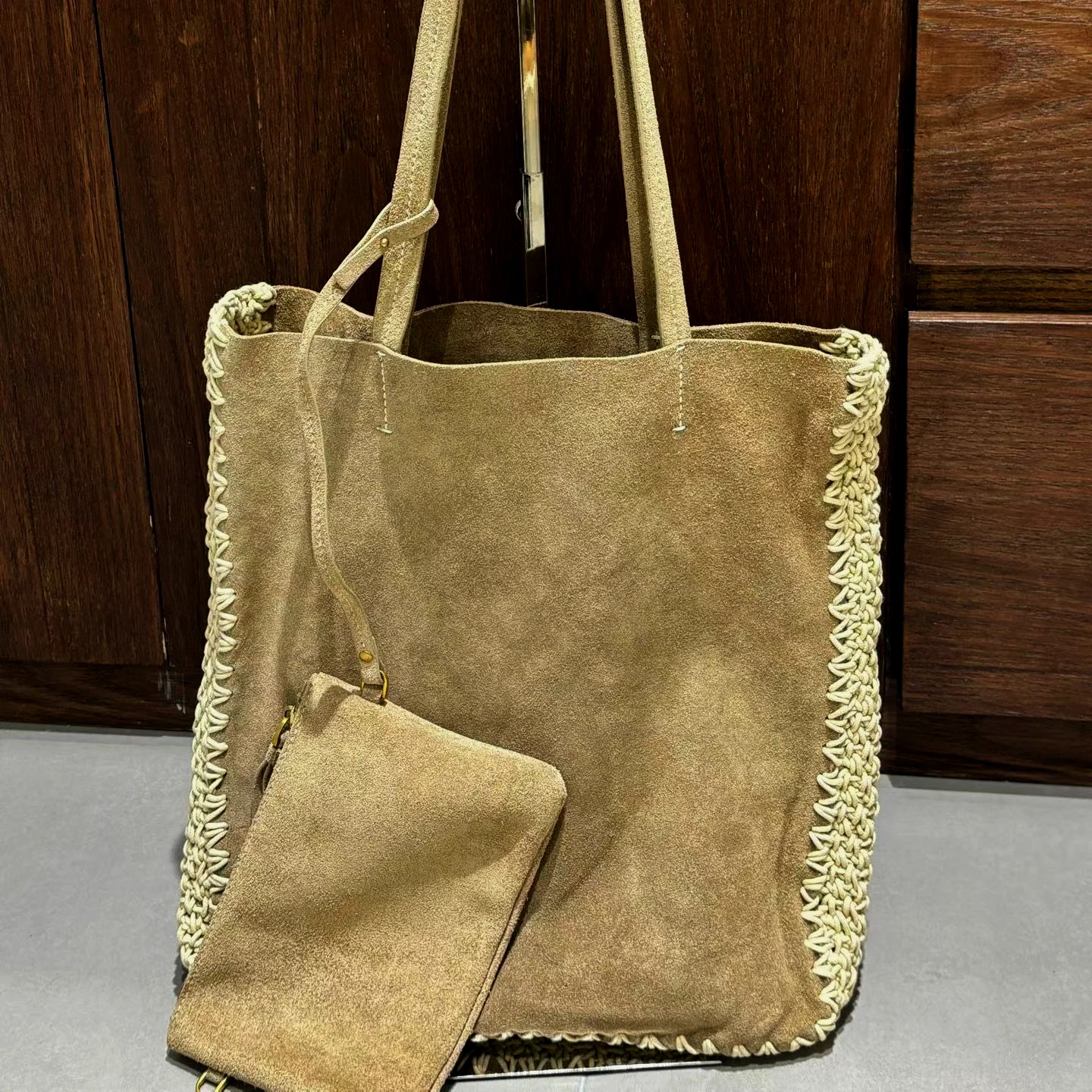Genuine Leather Tote Bag Frosted Cowhide Handbag Suede Style Cotton Thread Weaving Woman Large Capacity Commute Shoulder Bag