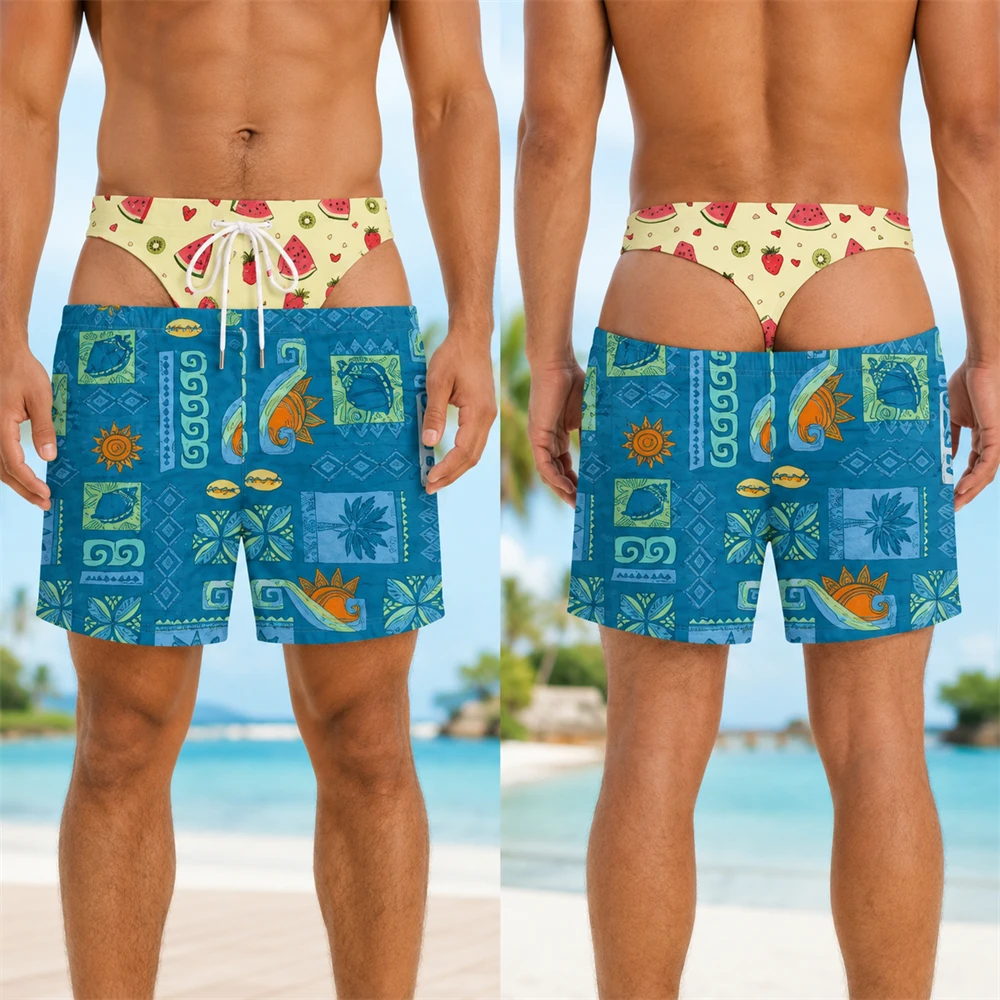 Tropical Plant Flowers Print Fake Buttocks Pattern Funny Men Swim Trunks Perfect Quirky Party Gifts Summer Fashion Beach Shorts