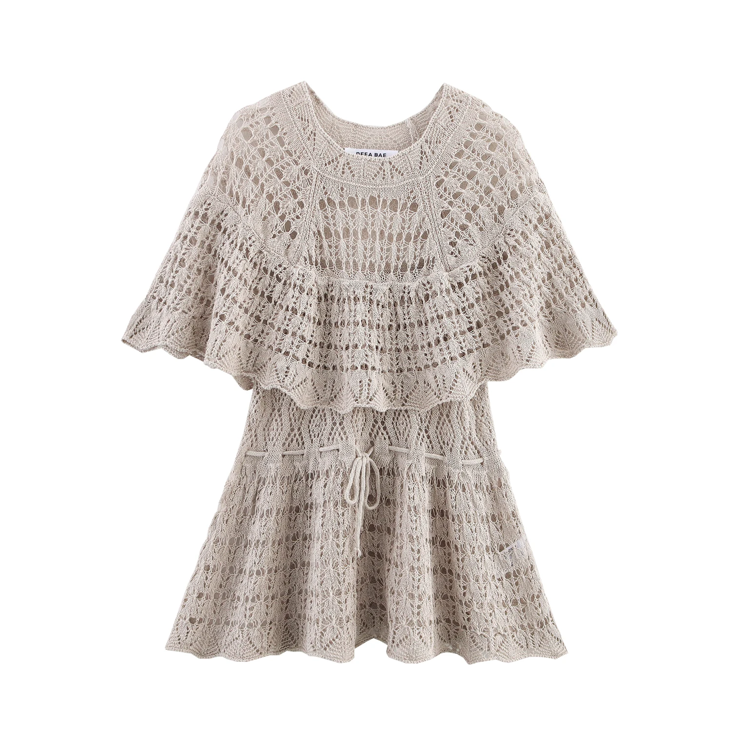 

Women's Chic Summer Pullover Hollow Knitted Ruffles High Waist Short Sleeve O-Neck Street Sweater Tops 6236015