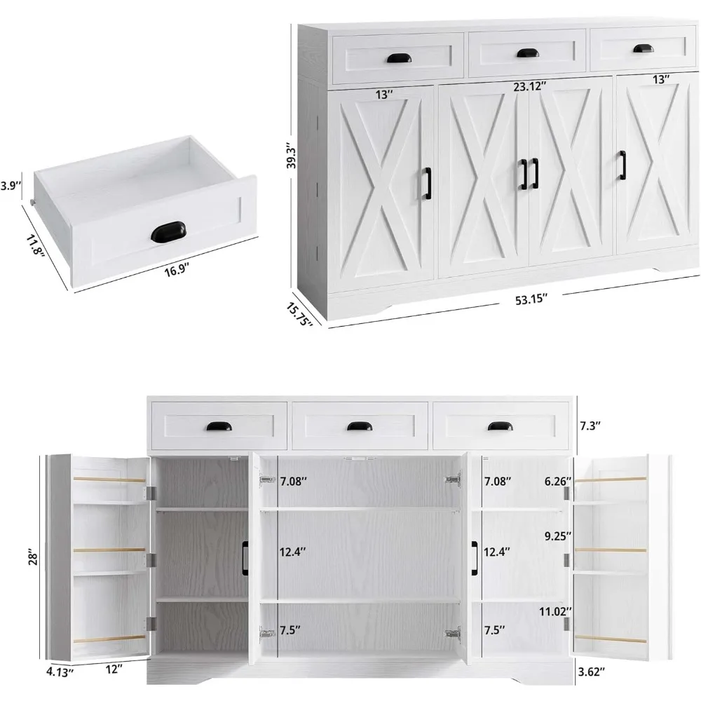 Armário buffet com armazenamento, aparadores com 4 portas, armário de armazenamento de cozinha com 6 prateleiras ajustáveis, café moderno Ba