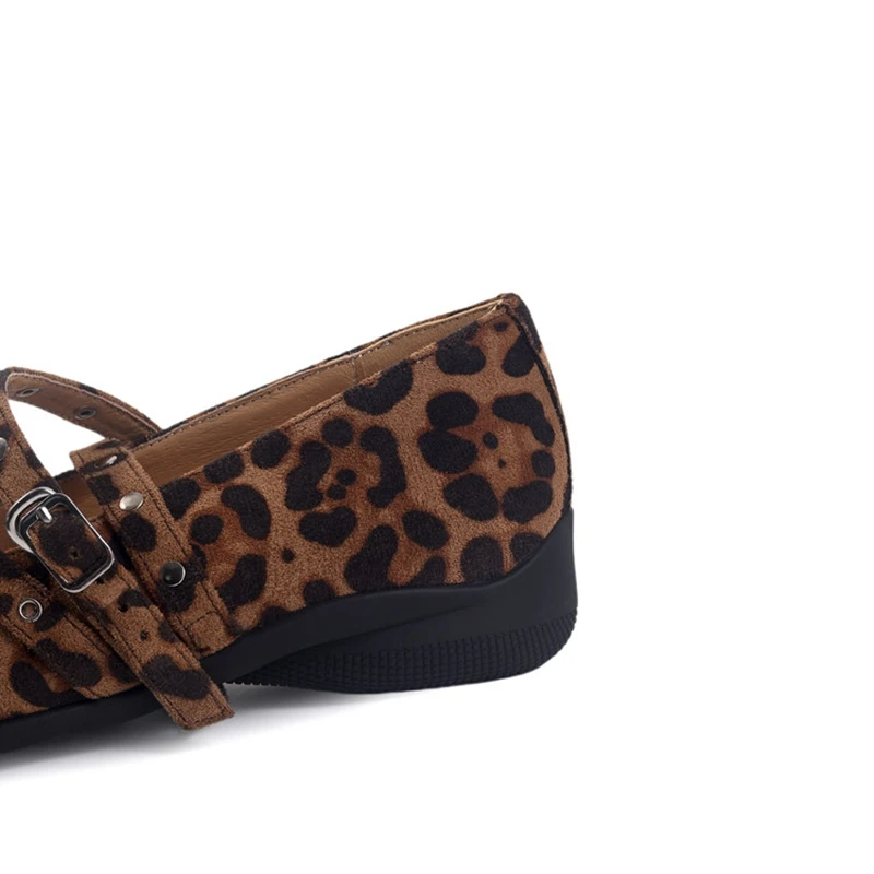 New women's genuine leather, cowhide, sheep suede, leopard print, elastic rivets, belt buckle, mid heeled Mary Jane shoes
