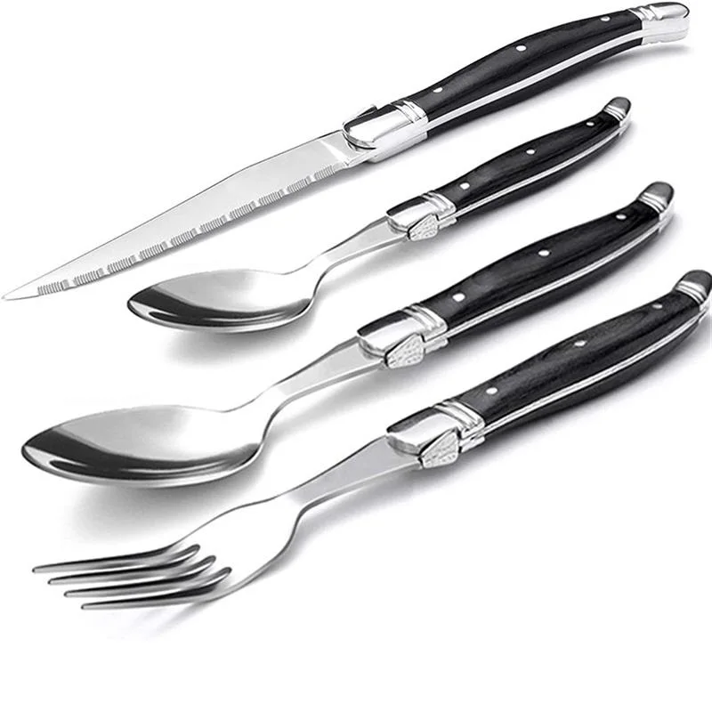 

6pcs Laguiole Flatware Sets Steak Knives Fork Spoon Black Wooden Handle Cutlery Wood Stainless Steel Dinner Set Christmas Gift