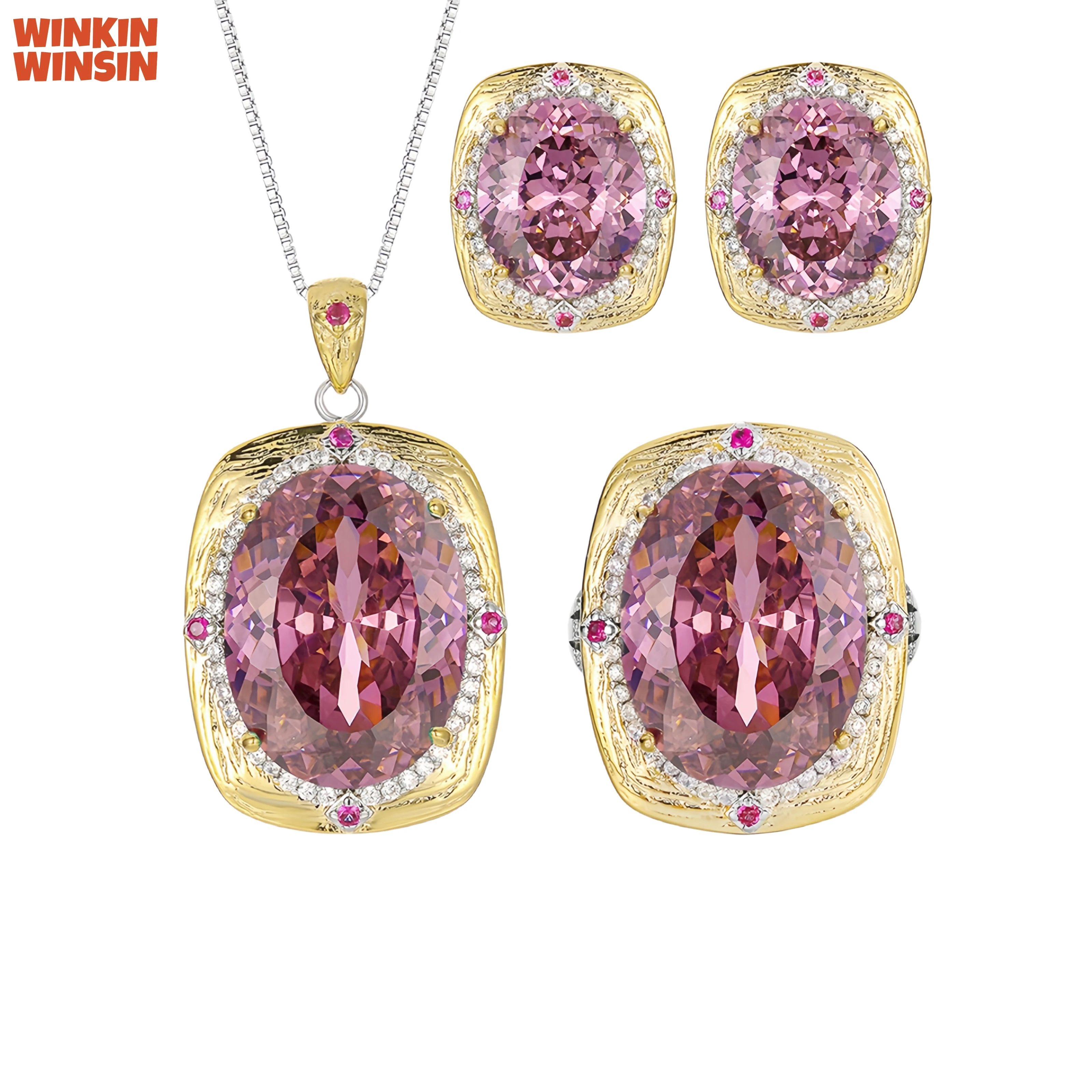 

WINKIN WINSIN Brand MCT Healthy Copper Pendant Necklace Earrings Rings Jewelry Set 18k Gold Plated Fashion Women Accessories Set