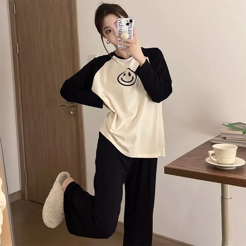 Women\'s Loose Round Neck Cute Kitty Homewear Pajamas Women\'s Simple Leisure Long Sleeve Long Pants Two-piece Suit Pajamas  Women