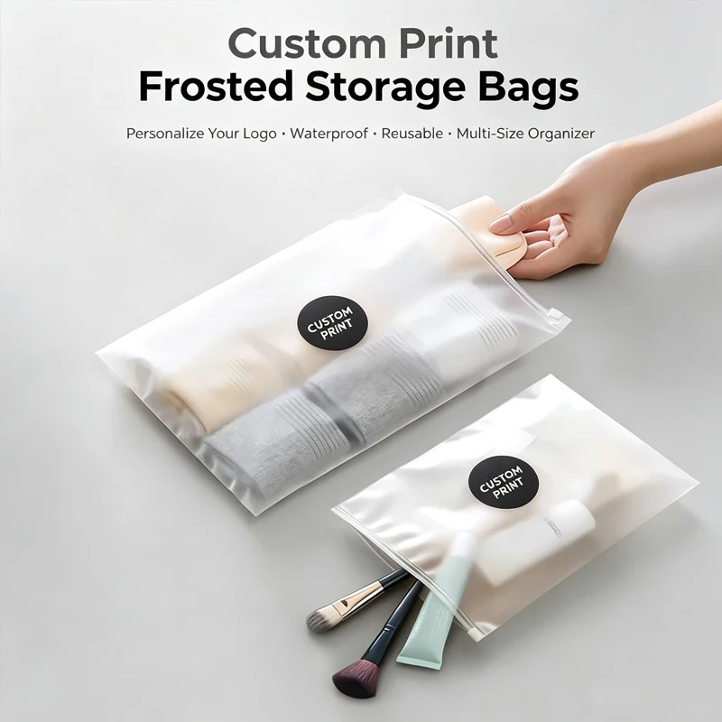 Custom Logo Print Frosted Zipper Bags Reusable Waterproof Travel Storage Pouch for Cosmetic Socks Small Goods